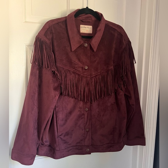 Free People Cosmic Karma Jacket Vegan Suede Fringed Button Coat Wine Plum XL - Picture 4 of 11